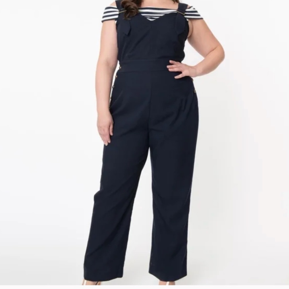 UNIQUE VINTAGE Sedgewick Blue Nautical Pin-Up Tie Back Jumpsuit • size Medium - Picture 5 of 7